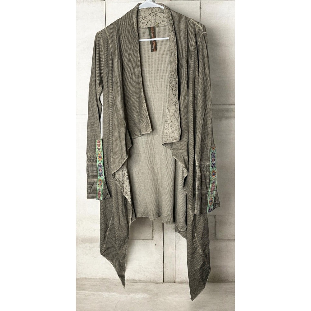 Aratta Silent Journey Waffle Knit Waterfall Cardigan Anthro Embroidered Boho O/S